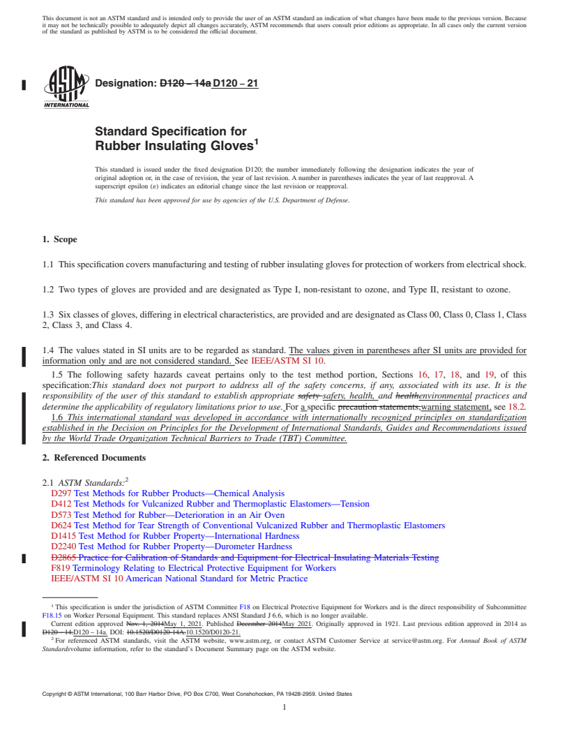 REDLINE ASTM D120-21 - Standard Specification for  Rubber Insulating Gloves