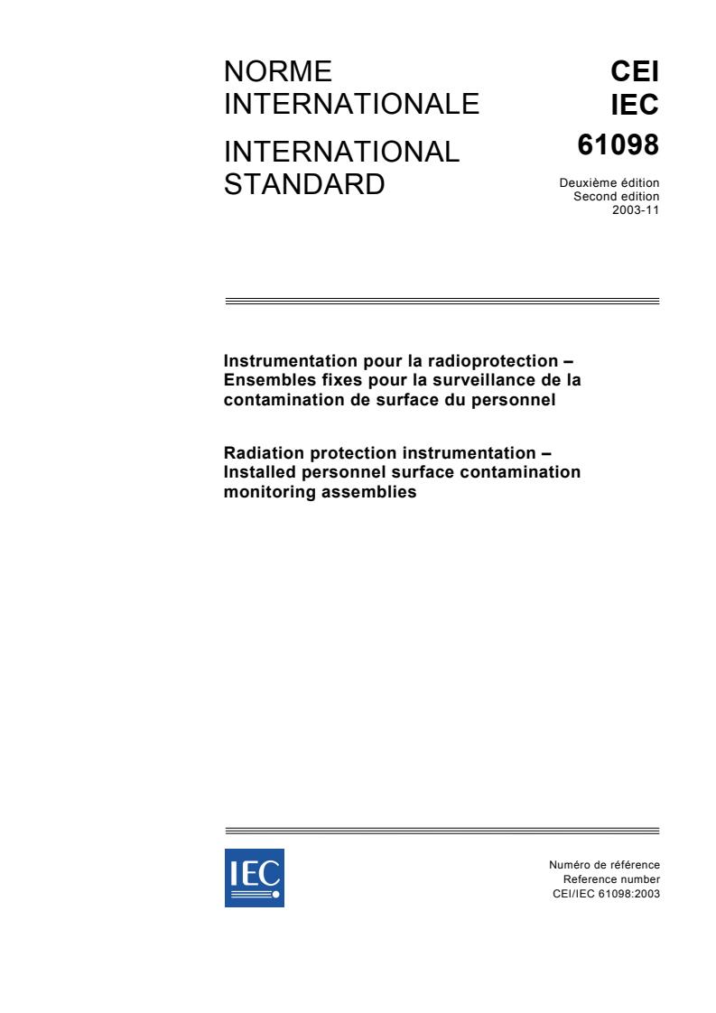 IEC 61098:2003 - Radiation protection instrumentation - Installed personnel surface contamination monitoring assemblies
