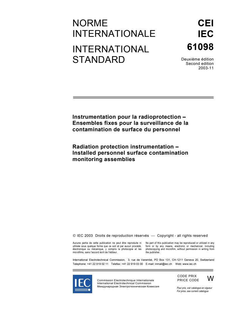 IEC 61098:2003 - Radiation protection instrumentation - Installed personnel surface contamination monitoring assemblies