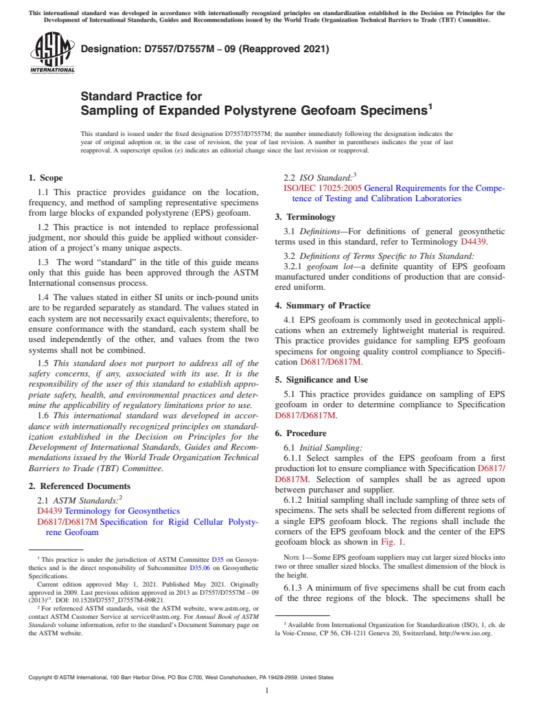 ASTM D7557/D7557M-09(2021) - Standard Practice for Sampling of Expanded Polystyrene Geofoam Specimens