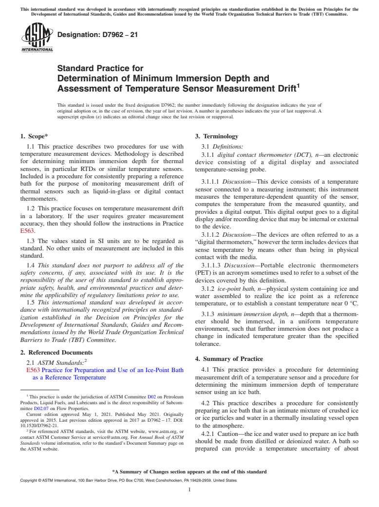 ASTM D7962-21 - Standard Practice for Determination of Minimum Immersion Depth and Assessment of  Temperature Sensor Measurement Drift