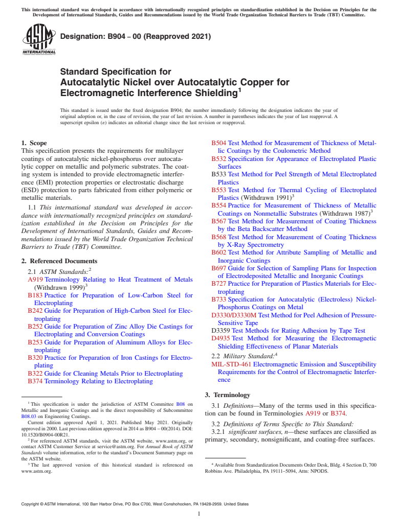 ASTM B904-00(2021) - Standard Specification for  Autocatalytic Nickel over Autocatalytic Copper for Electromagnetic   Interference Shielding