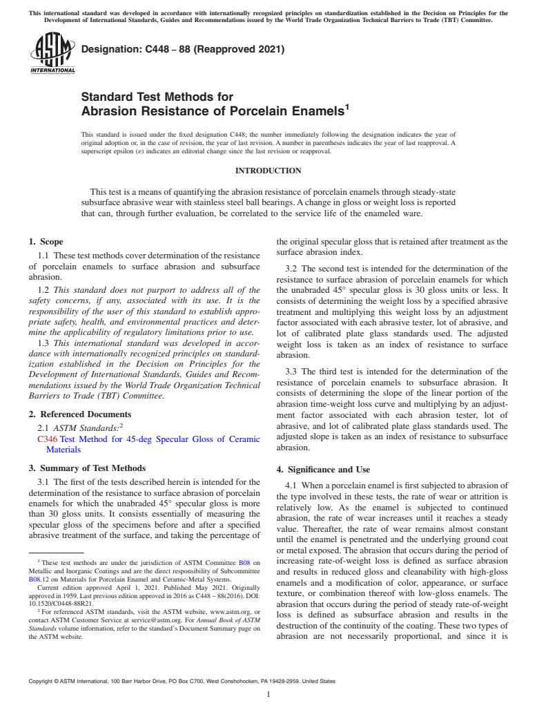 ASTM C448-88(2021) - Standard Test Methods for  Abrasion Resistance of Porcelain Enamels