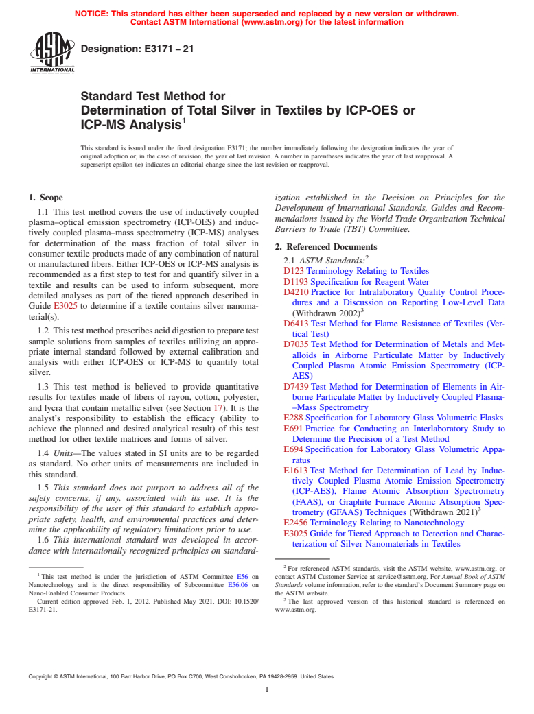 ASTM E3171-21 - Standard Test Method for Determination of Total Silver in Textiles by ICP-OES or ICP-MS  Analysis