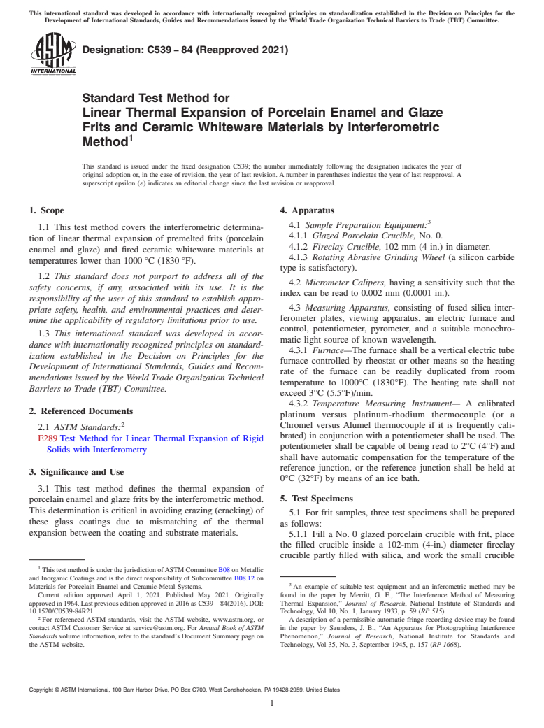 ASTM C539-84(2021) - Standard Test Method for  Linear Thermal Expansion of Porcelain Enamel and Glaze Frits   and Ceramic Whiteware Materials by Interferometric Method