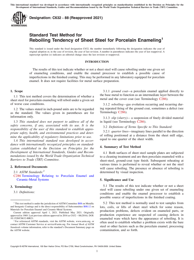 ASTM C632-88(2021) - Standard Test Method for  Reboiling Tendency of Sheet Steel for Porcelain Enameling