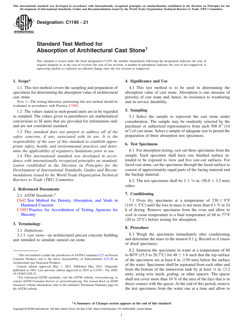 ASTM C1195-21 - Standard Test Method for Absorption of Architectural Cast Stone