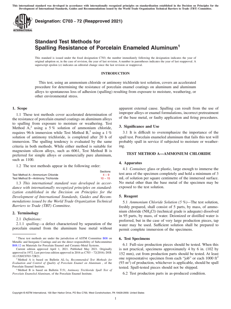 ASTM C703-72(2021) - Standard Test Methods for  Spalling Resistance of Porcelain Enameled Aluminum