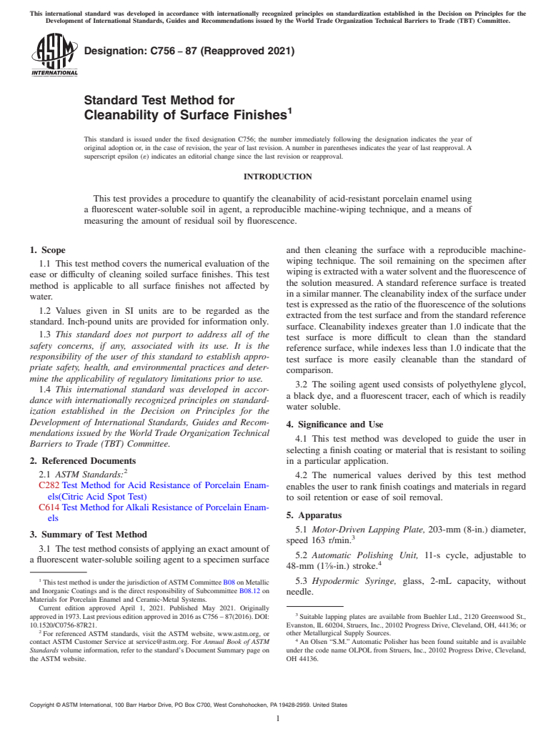 ASTM C756-87(2021) - Standard Test Method for  Cleanability of Surface Finishes