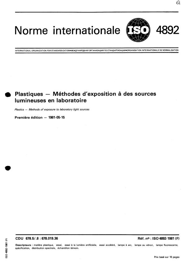 ISO 4892:1981 - Plastiques -- Méthodes d'exposition a des sources lumineuses en laboratoire