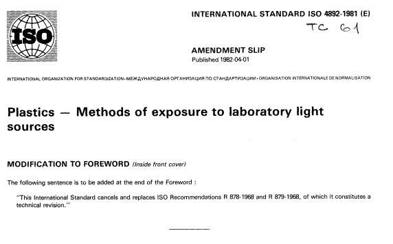 ISO 4892:1981 - Plastics -- Methods of exposure to laboratory light sources