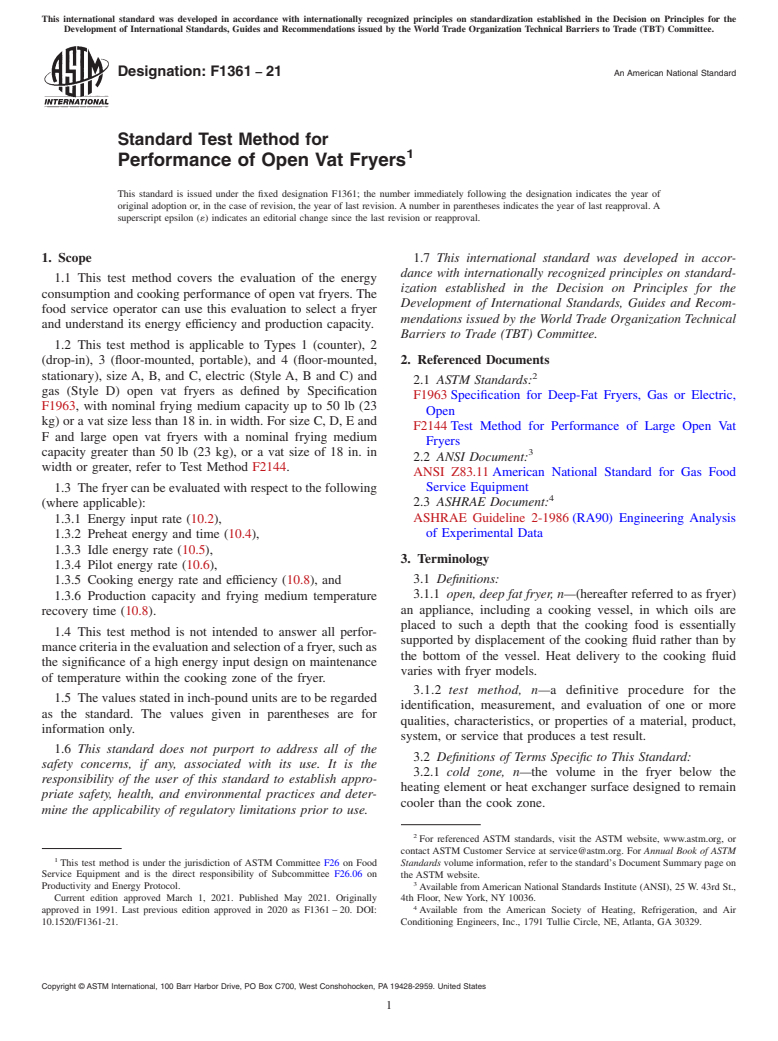 ASTM F1361-21 - Standard Test Method for  Performance of Open Vat Fryers