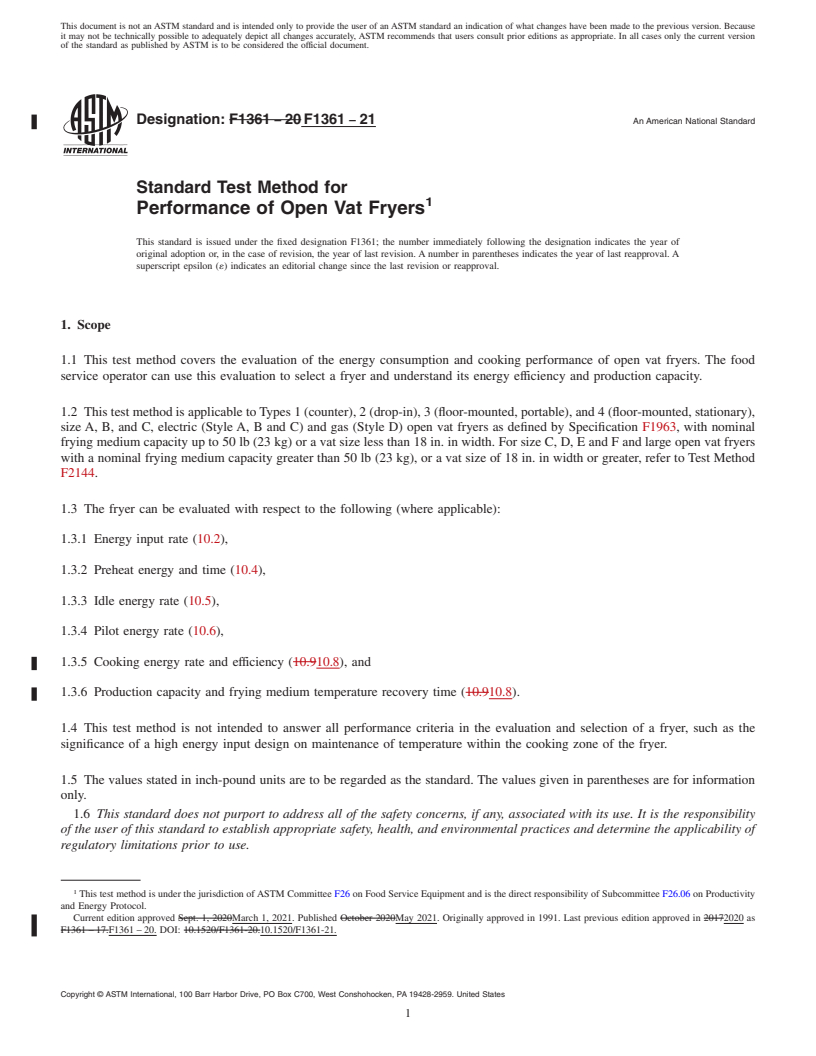 REDLINE ASTM F1361-21 - Standard Test Method for  Performance of Open Vat Fryers
