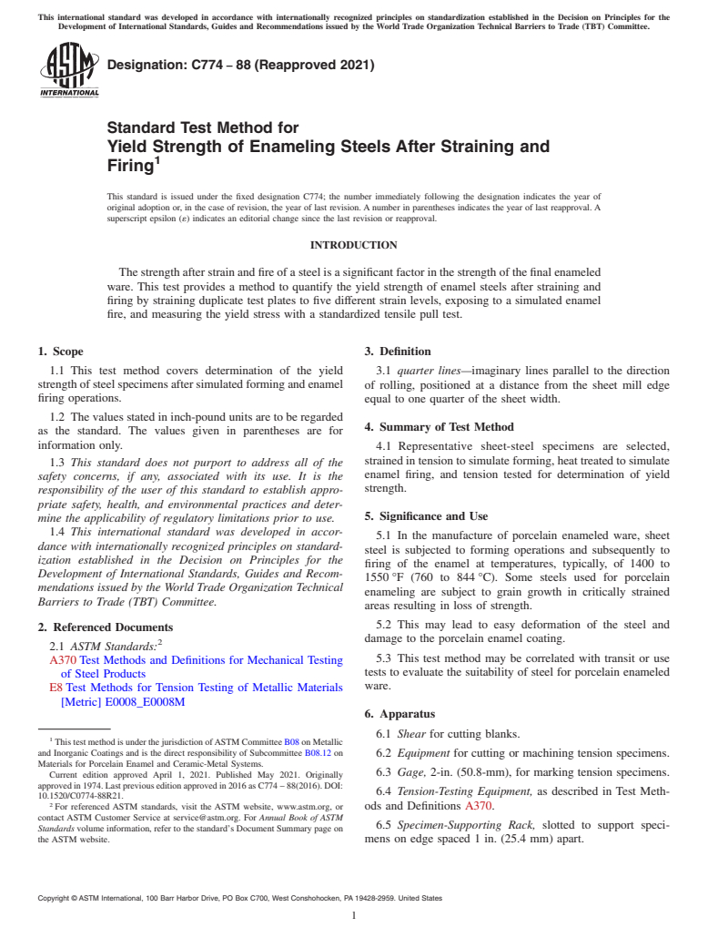 ASTM C774-88(2021) - Standard Test Method for  Yield Strength of Enameling Steels After Straining and Firing