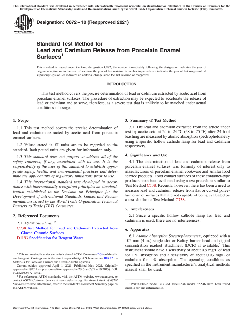 ASTM C872-10(2021) - Standard Test Method for  Lead and Cadmium Release from Porcelain Enamel Surfaces