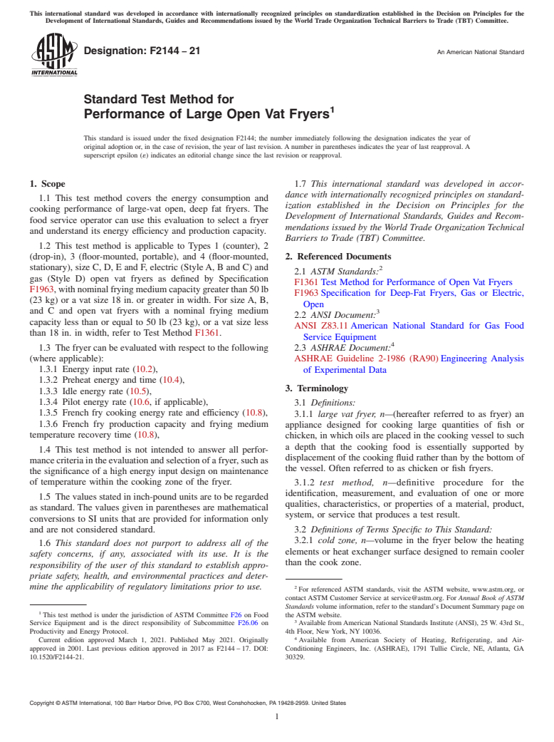 ASTM F2144-21 - Standard Test Method for  Performance of Large Open Vat Fryers