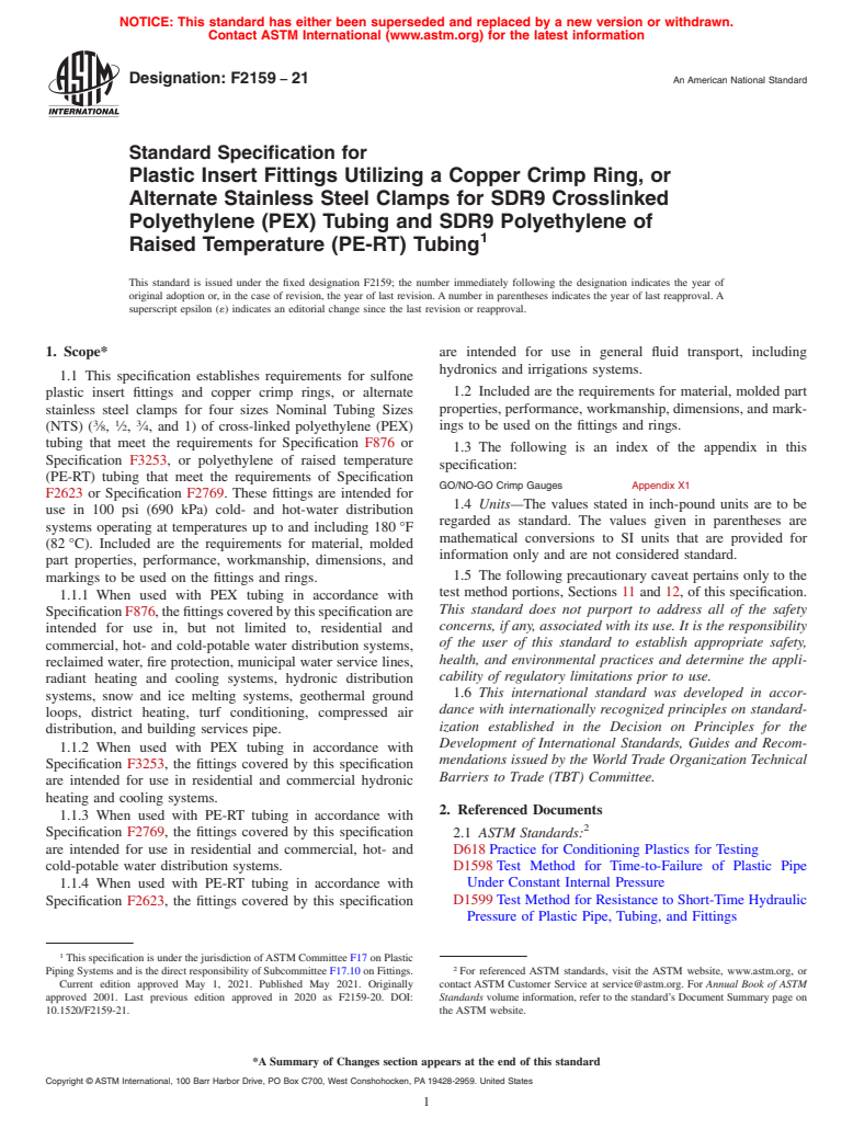 ASTM F2159-21 - Standard Specification for Plastic Insert Fittings Utilizing a Copper Crimp Ring, or Alternate  Stainless Steel Clamps for SDR9  Crosslinked Polyethylene (PEX) Tubing  and SDR9 Polyethylene of Raised  Temperature (PE-RT) Tubing