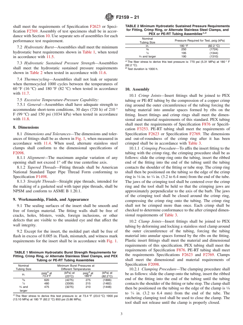 ASTM F2159-21 - Standard Specification for Plastic Insert Fittings Utilizing a Copper Crimp Ring, or Alternate  Stainless Steel Clamps for SDR9  Crosslinked Polyethylene (PEX) Tubing  and SDR9 Polyethylene of Raised  Temperature (PE-RT) Tubing