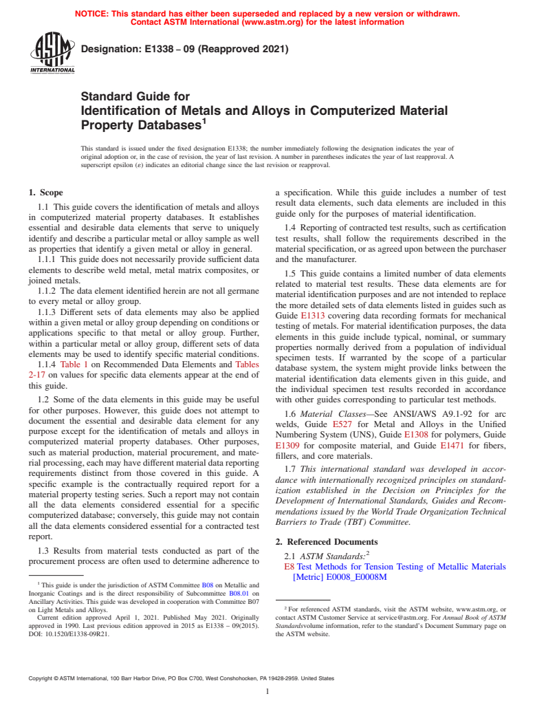 ASTM E1338-09(2021) - Standard Guide for  Identification of Metals and Alloys in Computerized Material  Property Databases