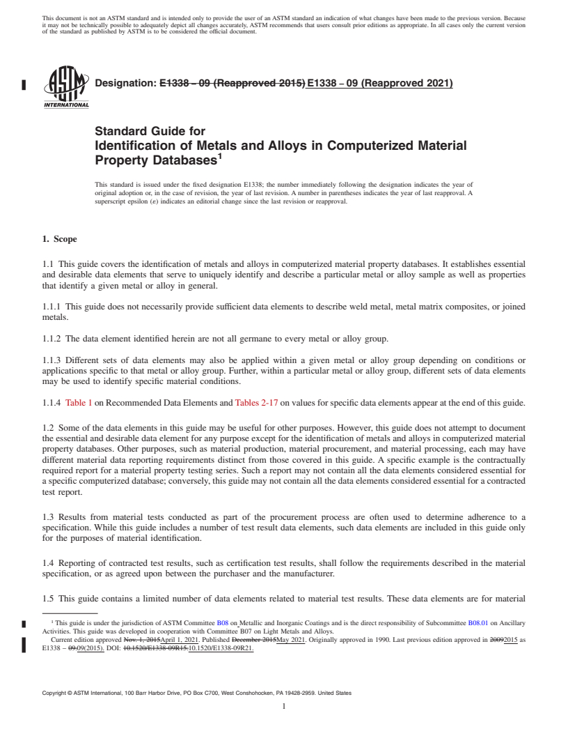 REDLINE ASTM E1338-09(2021) - Standard Guide for  Identification of Metals and Alloys in Computerized Material  Property Databases