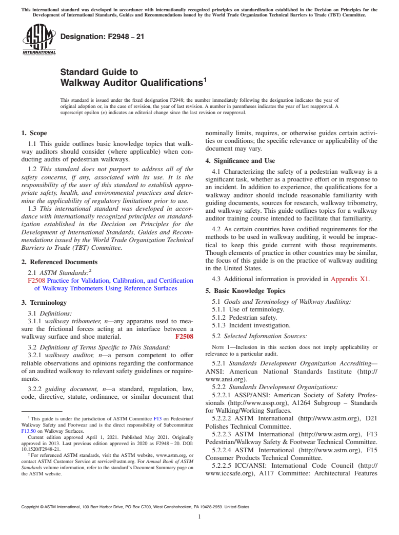 ASTM F2948-21 - Standard Guide to Walkway Auditor Qualifications