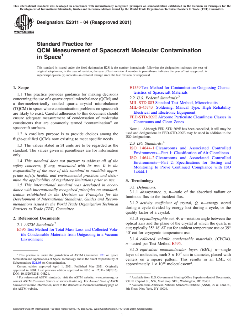 ASTM E2311-04(2021) - Standard Practice for  QCM Measurement of Spacecraft Molecular Contamination in Space