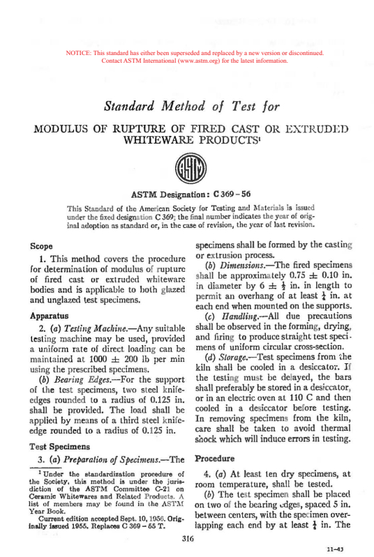 ASTM C369-56 - Method of Test for Modulus of Rupture of Fired, Cast or Extruded Whiteware Products (Withdrawn 1971)