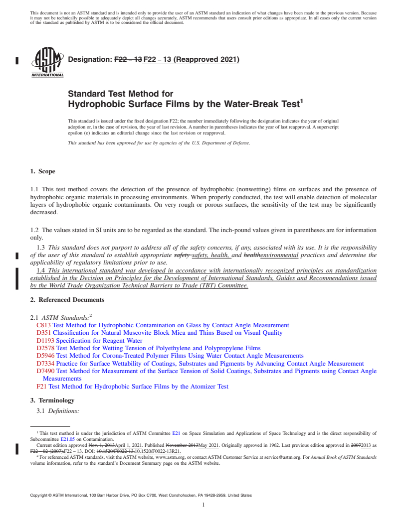 REDLINE ASTM F22-13(2021) - Standard Test Method for  Hydrophobic Surface Films by the Water-Break Test