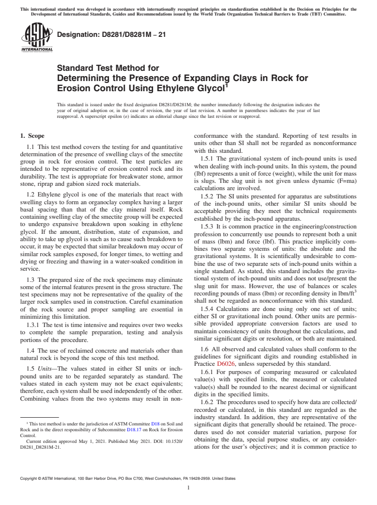ASTM D8281/D8281M-21 - Standard Test Method for Determining the Presence of Expanding Clays in Rock for Erosion  Control Using Ethylene Glycol