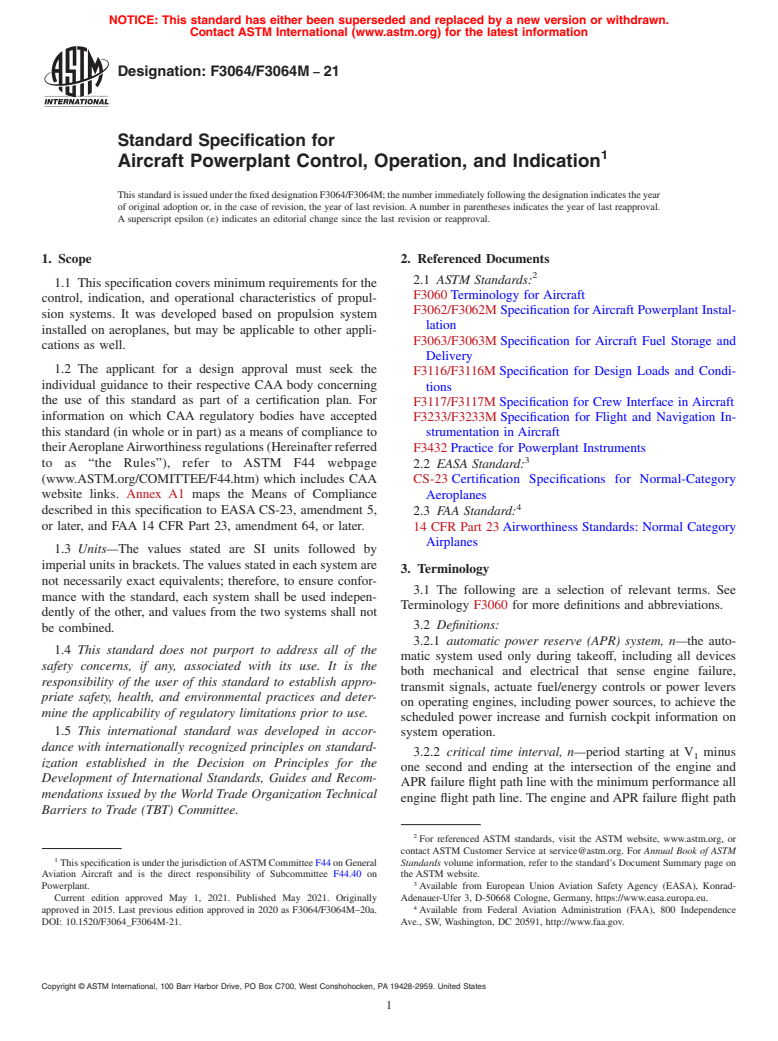 ASTM F3064/F3064M-21 - Standard Specification for Aircraft Powerplant Control, Operation, and Indication