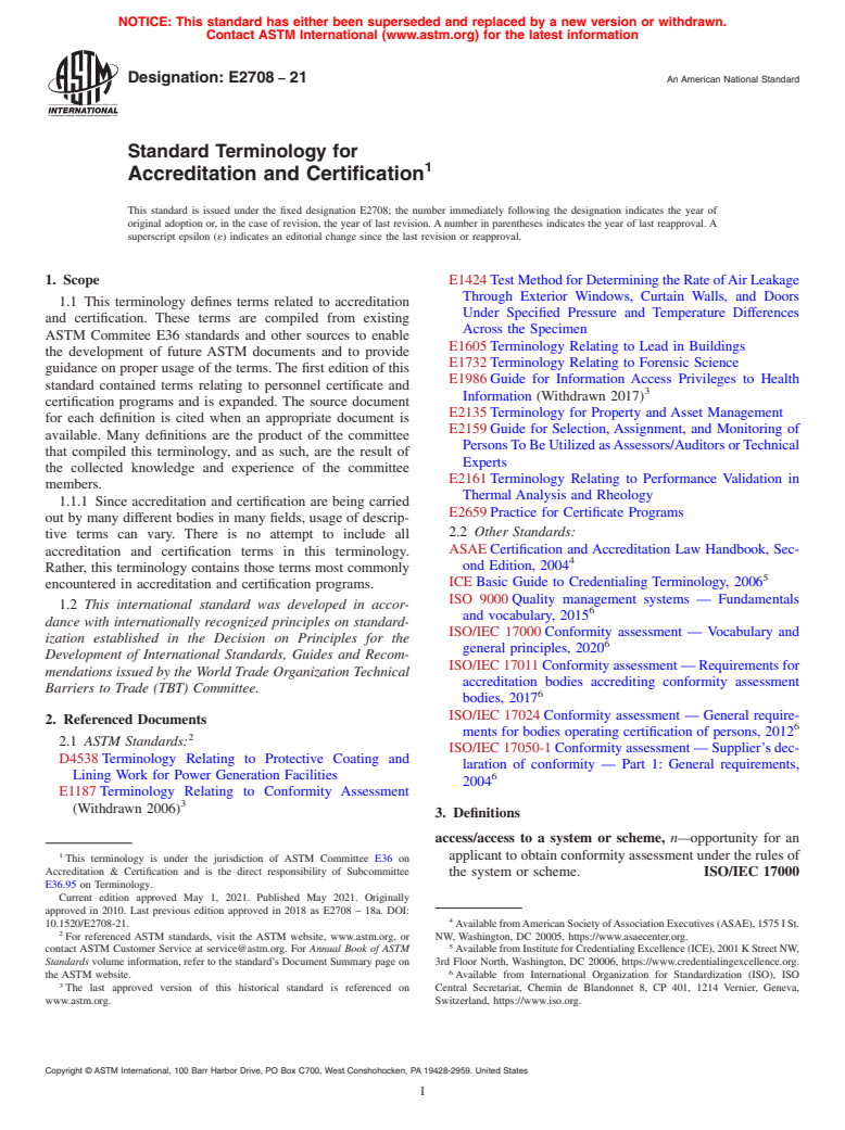 ASTM E2708-21 - Standard Terminology for  Accreditation and Certification