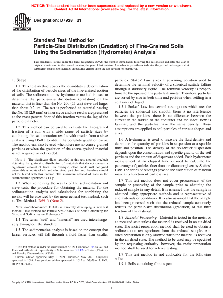 ASTM D7928-21 - Standard Test Method for Particle-Size Distribution (Gradation) of Fine-Grained Soils  Using the Sedimentation (Hydrometer) Analysis