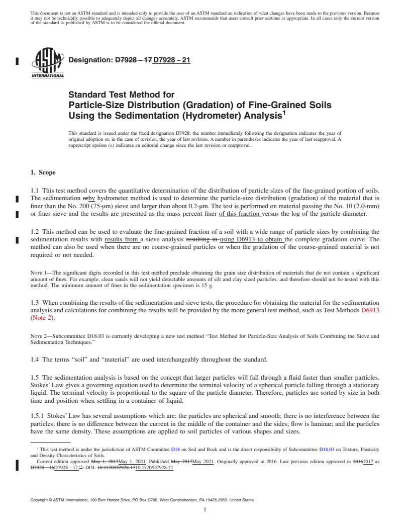 REDLINE ASTM D7928-21 - Standard Test Method for Particle-Size Distribution (Gradation) of Fine-Grained Soils  Using the Sedimentation (Hydrometer) Analysis