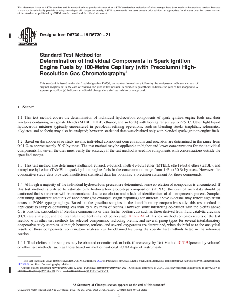 REDLINE ASTM D6730-21 - Standard Test Method for Determination of Individual Components in Spark Ignition Engine   Fuels by 100-Metre Capillary (with Precolumn) High-Resolution  Gas  Chromatography