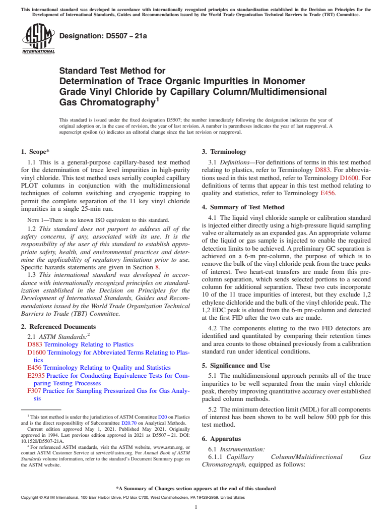 ASTM D5507-21a - Standard Test Method for Determination of Trace Organic Impurities in Monomer Grade  Vinyl Chloride by Capillary Column/Multidimensional Gas Chromatography