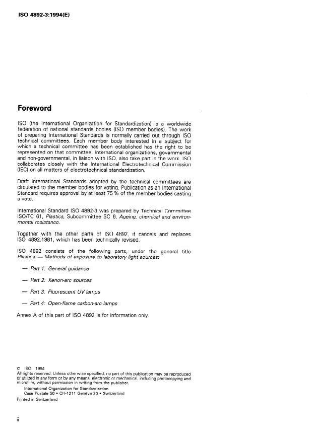 ISO 4892-3:1994 ISO 4892-3:1994 - Plastics -- Methods of exposure to laboratory light sources - Page 2 preview