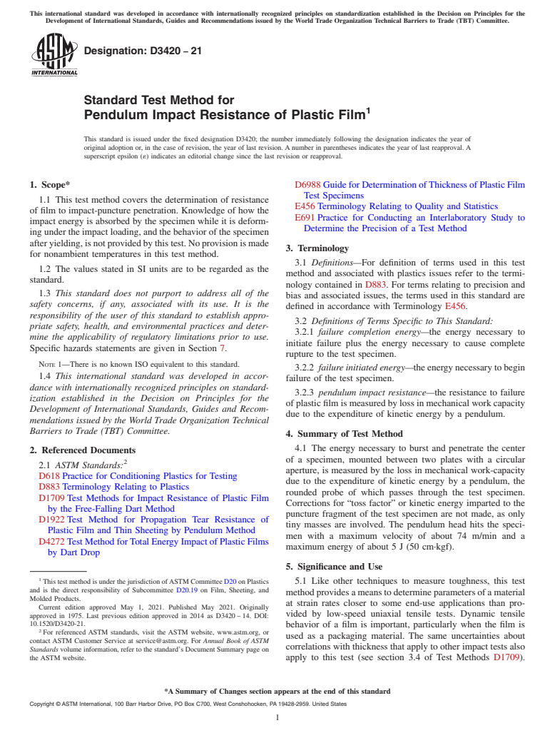 ASTM D3420-21 - Standard Test Method for  Pendulum Impact Resistance of Plastic Film