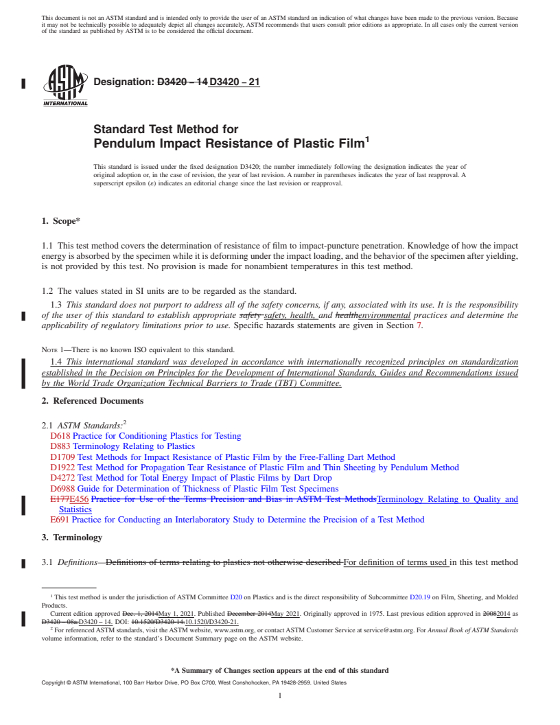 REDLINE ASTM D3420-21 - Standard Test Method for  Pendulum Impact Resistance of Plastic Film