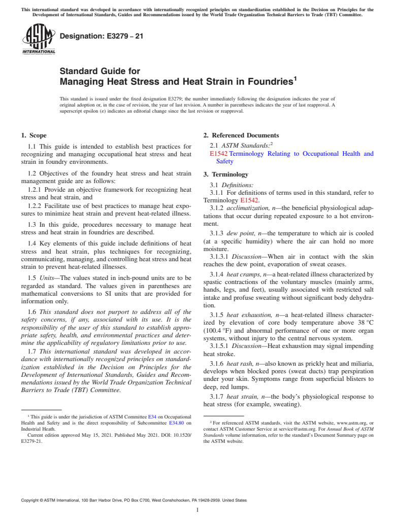 ASTM E3279-21 - Standard Guide for Managing Heat Stress and Heat Strain in Foundries