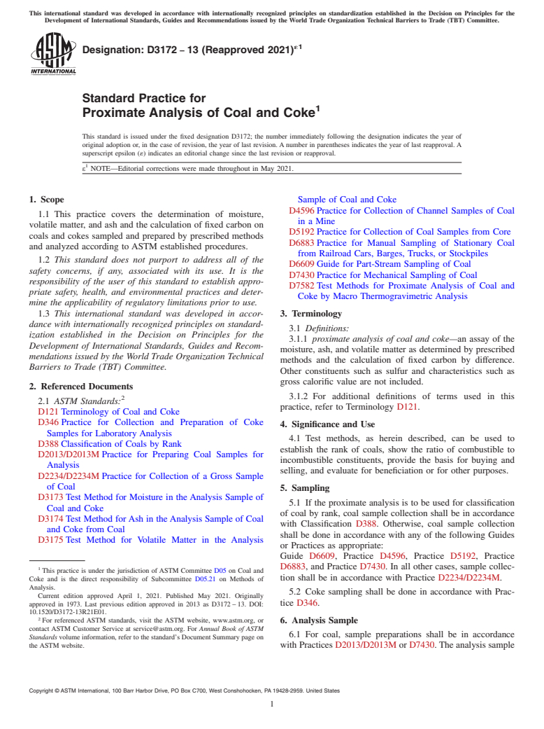 ASTM D3172-13(2021)e1 - Standard Practice for  Proximate Analysis of Coal and Coke