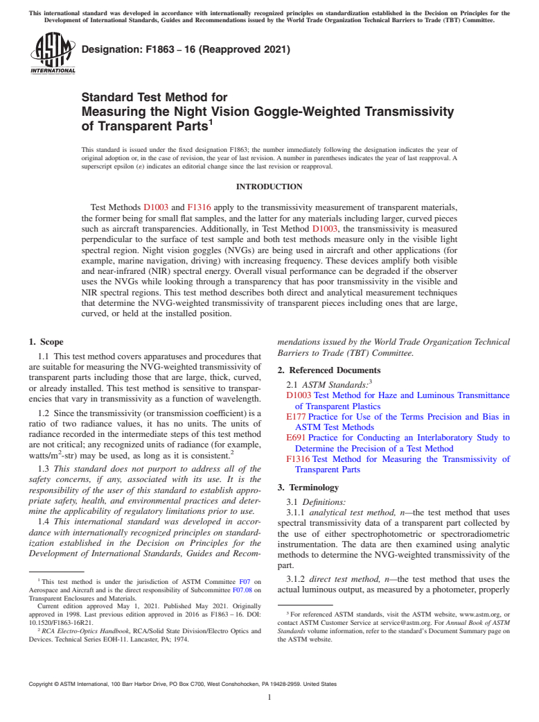 ASTM F1863-16(2021) - Standard Test Method for  Measuring the Night Vision Goggle-Weighted Transmissivity of  Transparent Parts