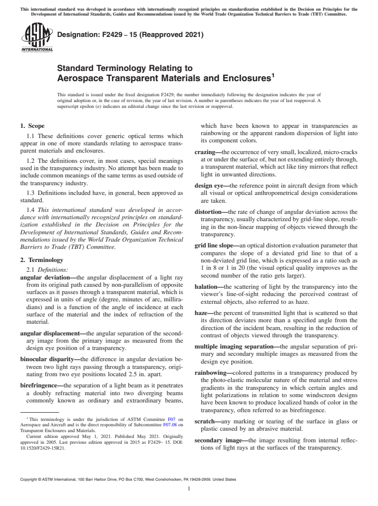 ASTM F2429-15(2021) - Standard Terminology Relating to  Aerospace Transparent Materials and Enclosures