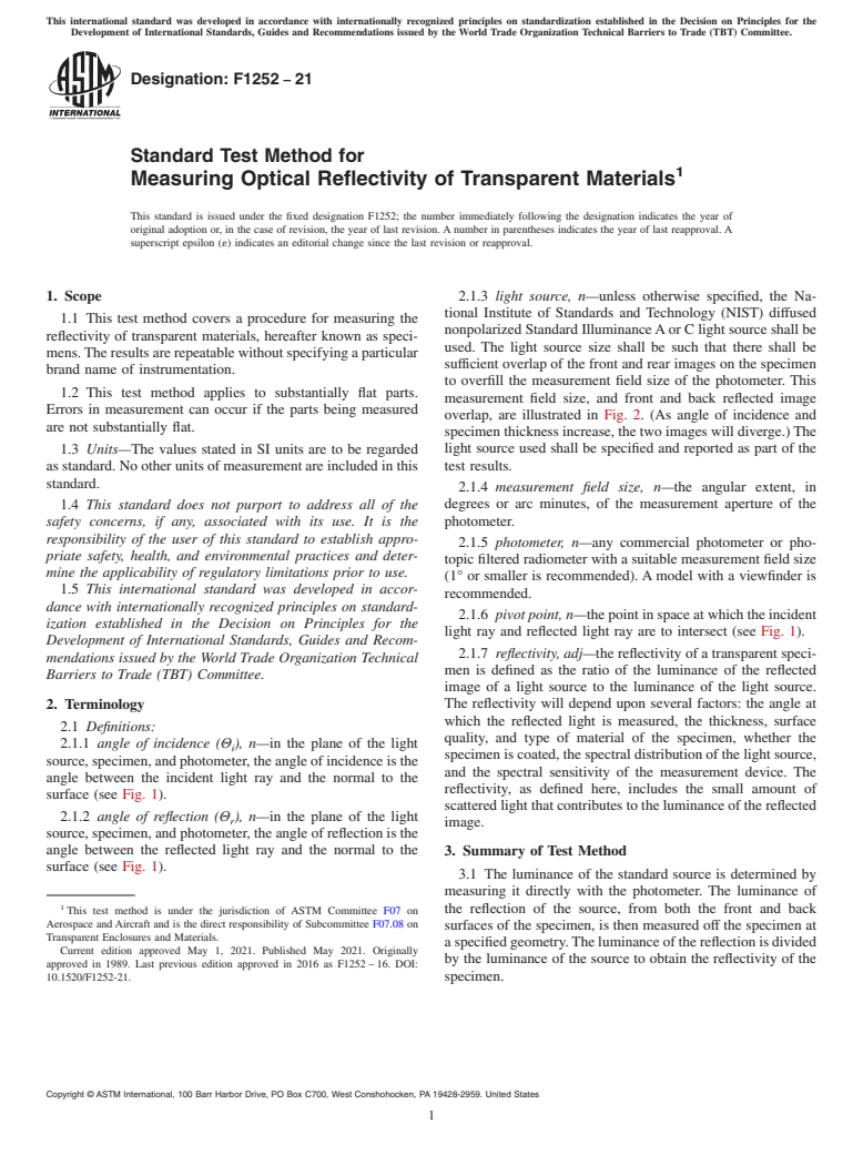 ASTM F1252-21 - Standard Test Method for  Measuring Optical Reflectivity of Transparent Materials