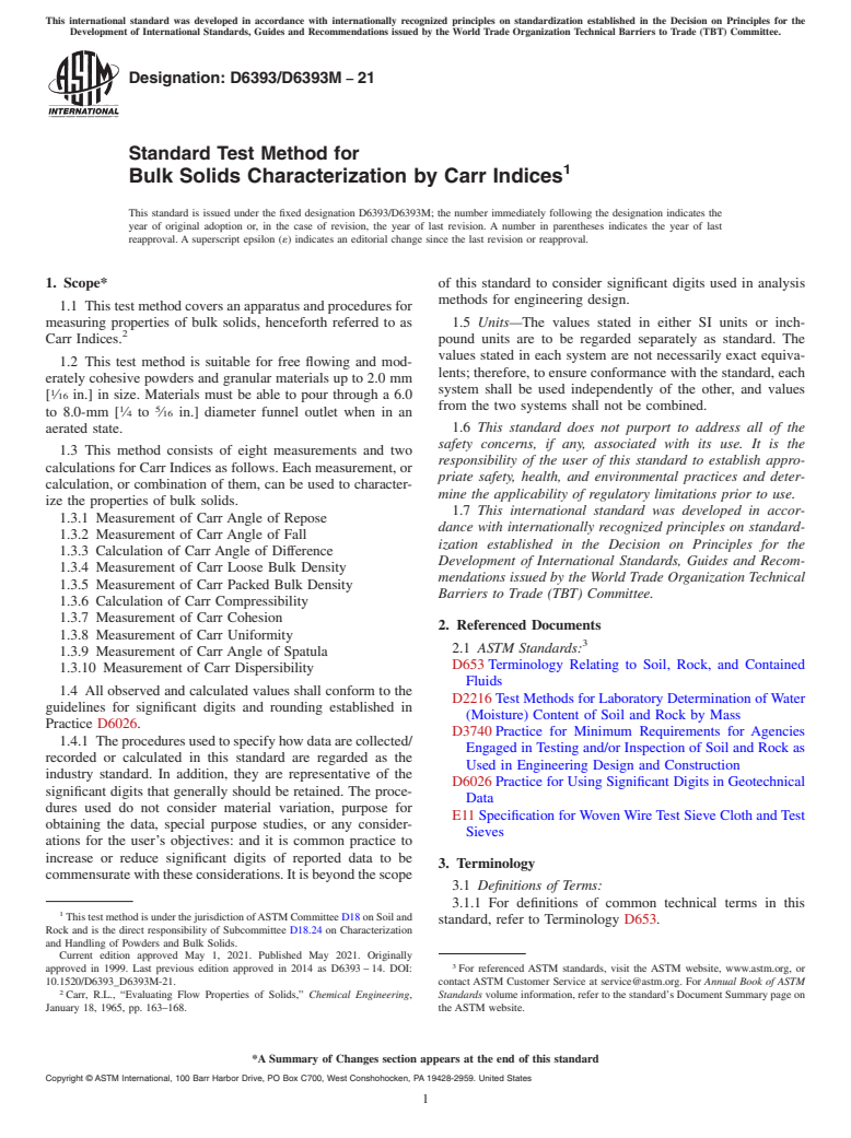 ASTM D6393/D6393M-21 - Standard Test Method for  Bulk Solids Characterization by Carr Indices