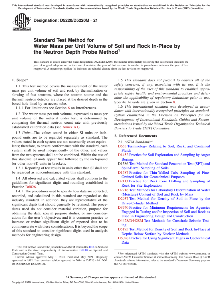 ASTM D5220/D5220M-21 - Standard Test Method for Water Mass per Unit Volume of Soil and Rock In-Place by the  Neutron Depth Probe Method
