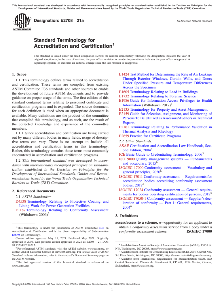 ASTM E2708-21a - Standard Terminology for  Accreditation and Certification