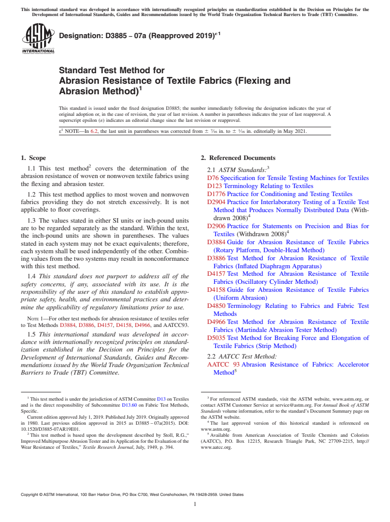 ASTM D3885-07A(2019)e1 - Standard Test Method for  Abrasion Resistance of Textile Fabrics (Flexing and Abrasion  Method)