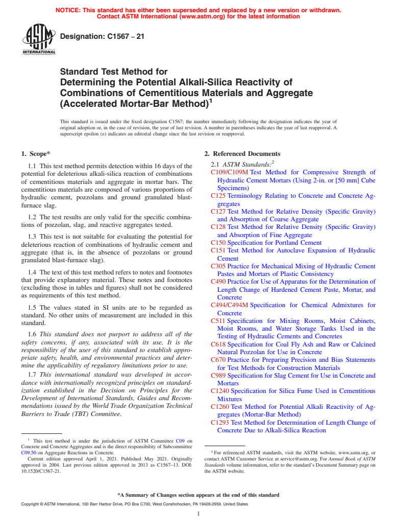 ASTM C1567-21 - Standard Test Method for  Determining the Potential Alkali-Silica Reactivity of Combinations   of Cementitious Materials and Aggregate (Accelerated Mortar-Bar Method)