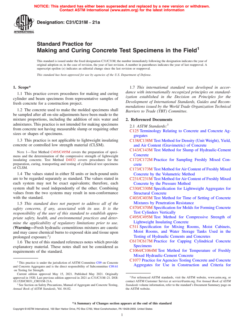 ASTM C31/C31M-21a - Standard Practice for Making and Curing Concrete Test Specimens in the Field