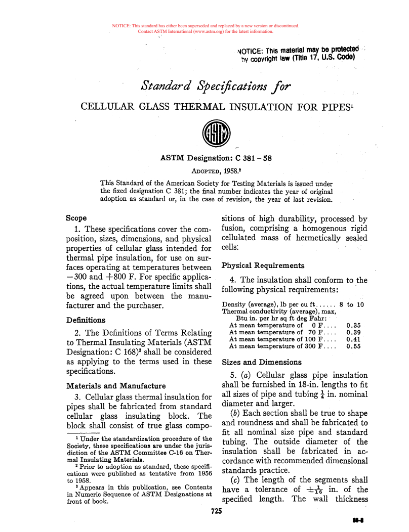 ASTM C381-58 - Specification for Cellular Glass Thermal Insulation for Pipes (Withdrawn 1964)